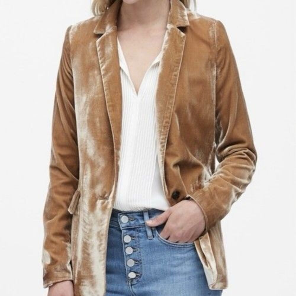 Banana Republic Crushed Velvet Blazer Jacket Sz 2 Tan Gold Career Preppy Office